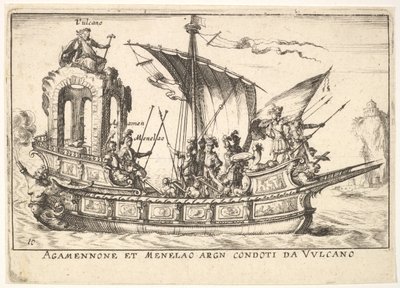 Placa 10: Agamenón y Menelao sentados en un bote acompañados de otras figuras incluyendo V..., 1664 de Unbekannt