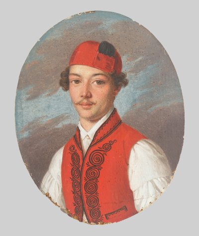 Retrato de joven con chaleco rojo y gorra dálmata de Unbekannt