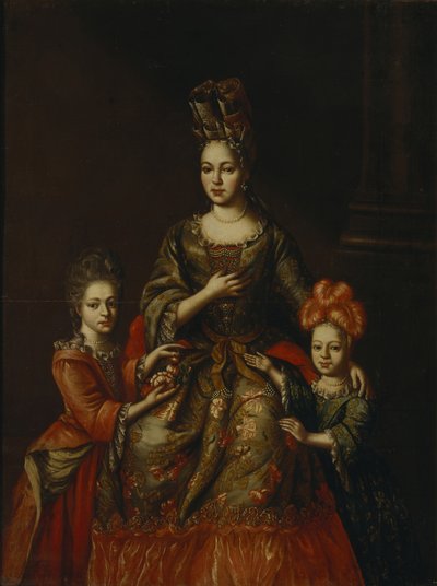 Retrato de Anastasiya Yakovlevna Naryshkina con los niños Alexandra Kirillovna y Tatyana Kirillovna, principios del siglo XVIII de Unbekannt