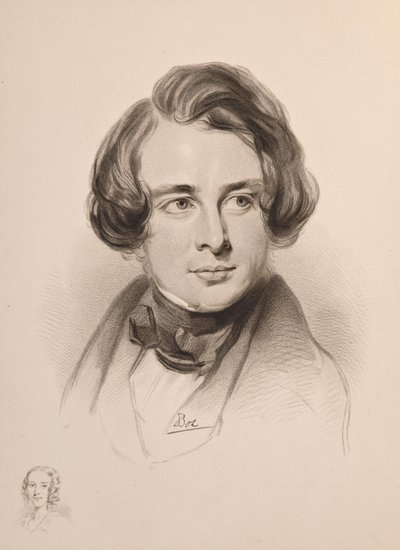 Retrato de Charles Dickens. Boceto de la hermana de Dickens, Fanny, abajo a la izquierda, 1842 de Unbekannt