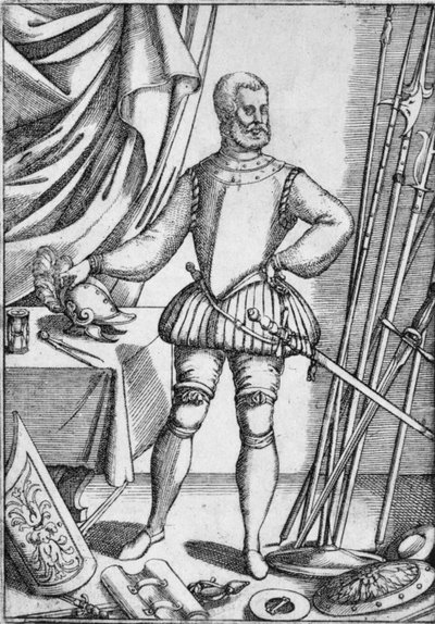 Retrato de Giacomo Di Grassi, mostrando las armas cuyo uso enseñaba a sus alumnos, 1575, 1936 de Unbekannt