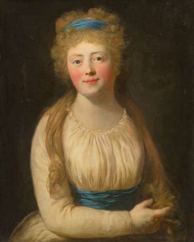 Retrato de una Mujer con Ropa Clara y Cinta Azul en el Cabello de Unbekannt