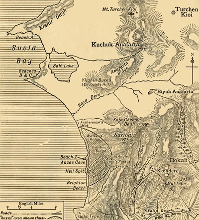 Posiciones de las fuerzas ANZAC en la península de Gallipoli en Turquía, Primera Guerra Mundial, julio de 1915 de Unbekannt