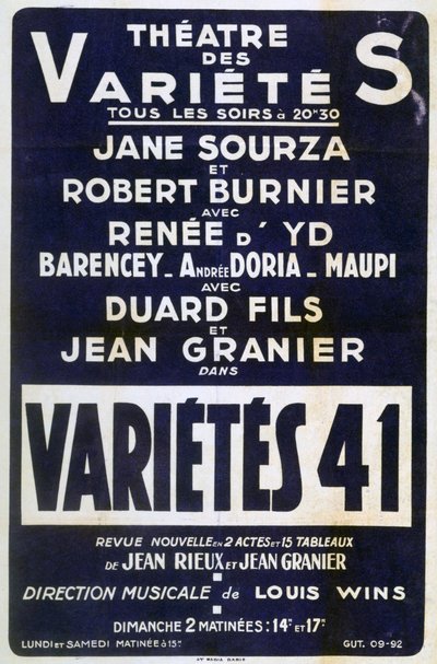 Póster publicitario Variétés 41, espectáculo de variedades, Francia, 1941 de Unbekannt