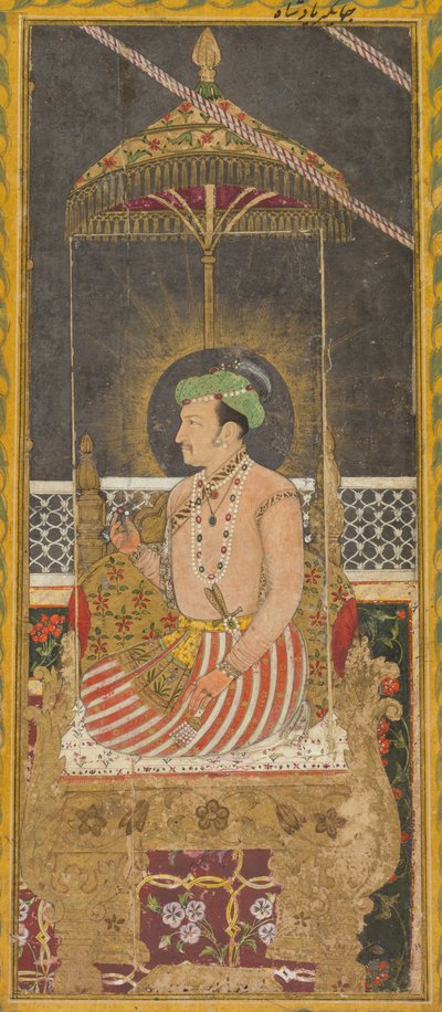Retrato póstumo del emperador Jahangir bajo un dosel recto, caligrafía verso, c. 1650 de Unbekannt
