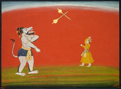 Pradyumna y Samvara luchan con mazas: Hoja del Gran Basohli Bhagavata Purana, c. 1760-1765 de Unbekannt