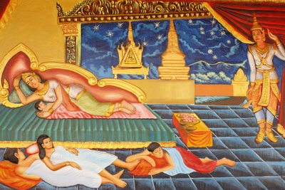 Monasterio Preah Prom Rath. Vida de Buda. Por un tiempo el Príncipe regresó a la vida del palacio, pero no le complacía. Incluso la noticia de que su esposa Yasodhara había dado a luz a un hijo no le agradó. El niño fue llamado Rahula, Siem Reap, Camboya de Unbekannt
