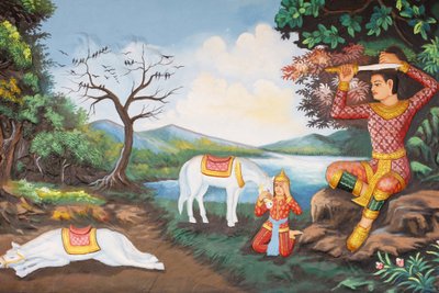 Monasterio Preah Prom Rath Vida del Buda El Gran Tonsure: el Buda se corta el cabello con su espada Luego cambió la ropa de príncipe por una túnica de mendigo Luego comenzó su búsqueda de la iluminación, Siem Reap, Camboya de Unbekannt