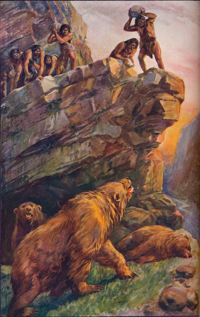 Hombres prehistóricos atacando grandes osos de las cavernas, 1907 de Unbekannt