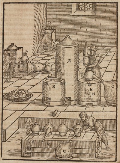 Preparación de líquidos utilizados para extraer el mineral de plata del de oro - Grabado extraído de Descripción de los minerales y los principales métodos de explotación minera, de Lazarus Ecker de Unbekannt