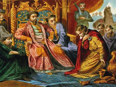 Príncipe Alejandro Nevski suplicando misericordia a Batu Khan por Rusia, finales del siglo XIX de Unbekannt