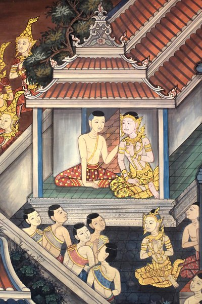 Príncipe Rama y Sita. Detalle de mural en las paredes interiores del Vihara de la era del rey Rama III que representa el Ramakian. Wat Pho - Wat Phra Chettuphon. 1788. Bangkok. Tailandia de Unbekannt
