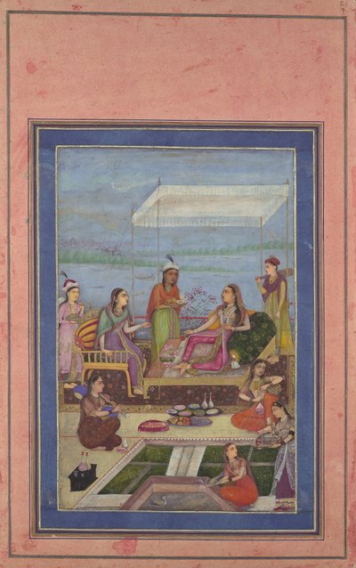 Princesa entreteniendo a un visitante en el balcón, folio del Álbum Davis, mediados de la segunda mitad del siglo XVII de Unbekannt