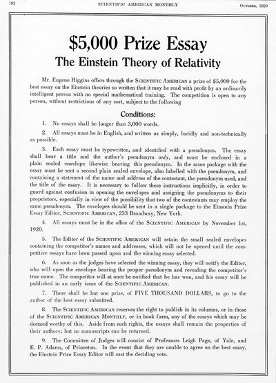 Premio ofrecido en Scientific American, octubre de 1920, por un ensayo sobre la teoría de la relatividad de Einstein de Unbekannt