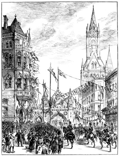 Procesión acercándose al Ayuntamiento, Manchester, 1887 de Unbekannt