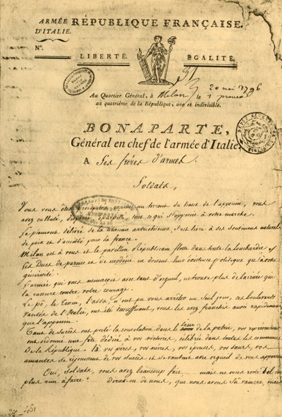 Proclamación de Napoleón a sus hermanos de armas, 20 de mayo de 1796 de Unbekannt