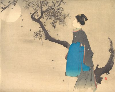 Vista de perfil de una mujer paseando a la luz de la luna, ca. 1908 de Unbekannt