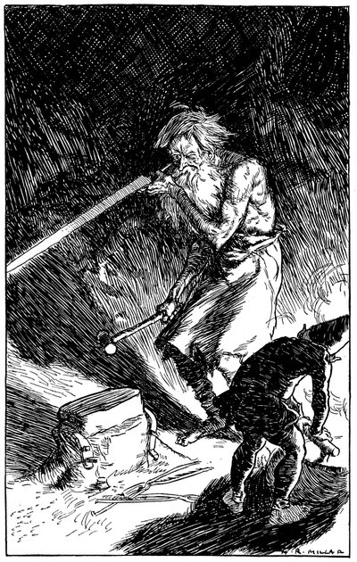 Puck ayudando a Wayland, el herrero de los dioses, a forjar una espada, 1909 de Unbekannt