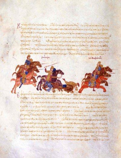 Persecución de los guerreros de Sviatoslav por el ejército bizantino Miniatura del Skylitzes de Madrid, siglo XI de Unbekannt