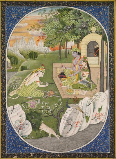Rama, Sita y Lakshmana en el bosque, página de los Cuentos del Ramayana, c. 1830 de Unbekannt
