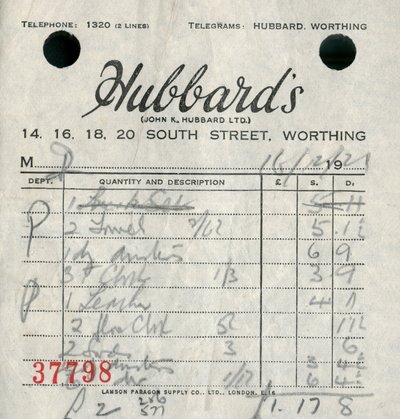 Recibo de la tienda departamental Hubbards, 1921 de Unbekannt