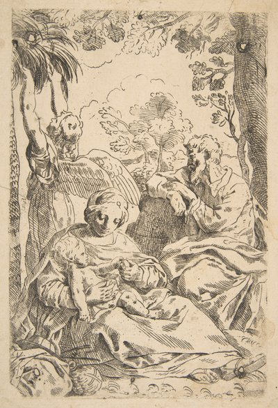 Reposo en Egipto, Sagrada Familia sentada mientras un ángel tira de las ramas de un árbol, ca. 1637-1639 o después de Unbekannt