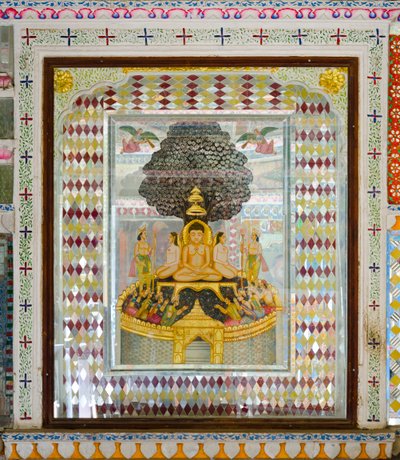 Obra de arte religiosa ricamente decorada en una habitación en la mansión Patwon ki Haveli del siglo XIX, Jaisalmer, Rajasthan, India (foto) de Unbekannt