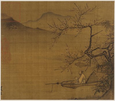Paisaje fluvial: un hombre leyendo en un bote amarrado bajo un árbol en flor, dinastía Ming, 1368-1644 de Unbekannt