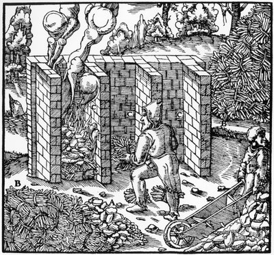 Tostado de mineral de cobre en un horno en C, 1556 de Unbekannt