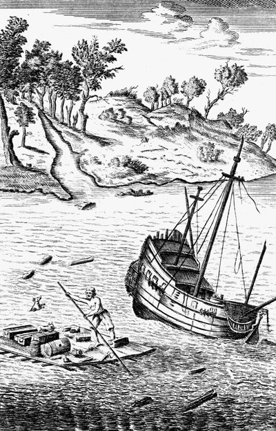 Robinson Crusoe salvando sus bienes del naufragio del barco, c1719 de Unbekannt