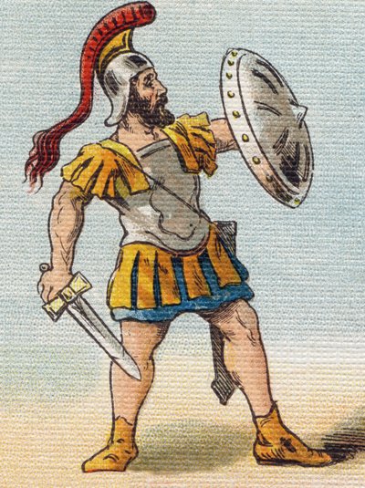 Soldado romano. Grabado en "Alphabet de ma petite fille". Bernardin-Bechet y Fils, libreros-editores, París, alrededor de 1895. Álbum inquebrantable sobre lienzo. Bibliothèque des Bébés. 12 páginas. Álbum que contiene un método de lectura y un abecedario i de Unbekannt