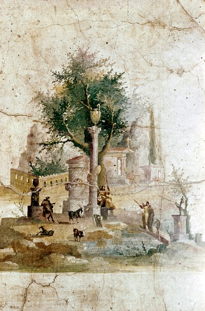 Pintura mural romana de un paisaje mítico, Villa de Agrippa Posthumus, cerca de Pompeya, Italia de Unbekannt