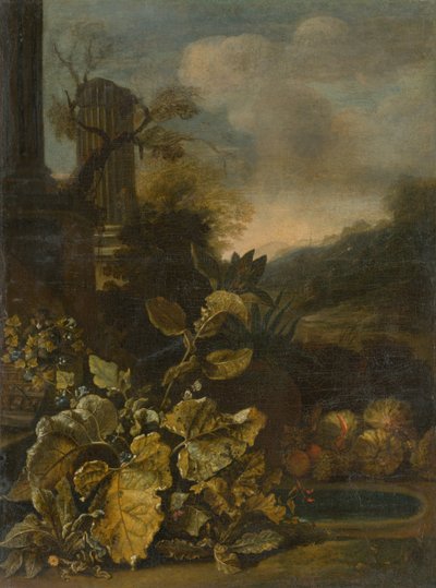 Paisaje romántico con bodegón y columna antigua de Unbekannt