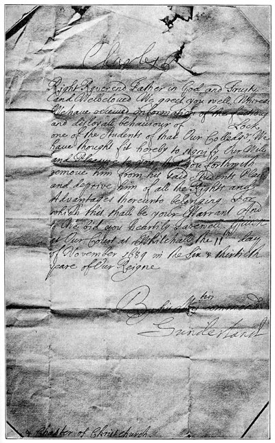 Mandato real para borrar el nombre de Locke de los estudiantes de Christ Church, Oxford, 1684, 1894 de Unbekannt