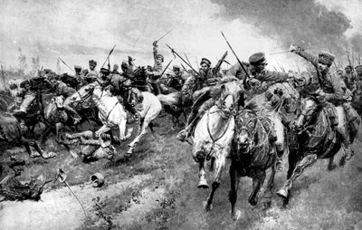 Cosacos rusos atacando al ejército alemán, Prusia Oriental, Primera Guerra Mundial, 1914 de Unbekannt
