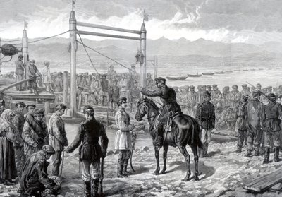Convictos rusos bajo escolta militar esperando ser transportados a través del río Yenisei, Siberia, 1882 de Unbekannt