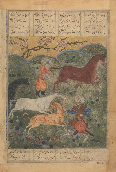 Rustam captura al caballo Rakhsh, folio de un Shahnama Libro de los Reyes, finales del siglo XV de Unbekannt