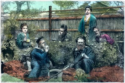Marineros del HMS Challenger tomando té en una casa de té cerca de Yokohama, Japón, 1888 de Unbekannt
