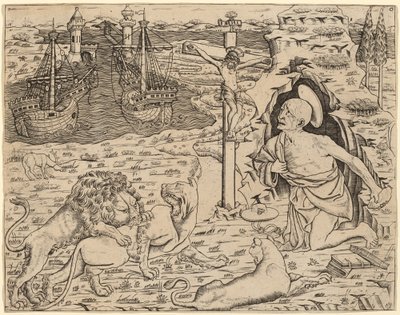 San Jerónimo en penitencia, con dos barcos en un puerto, c. 1480-1500 de Unbekannt
