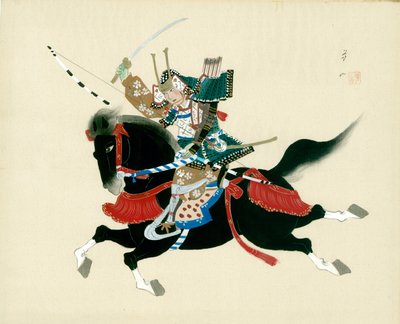 Guerrero Samurai montando un caballo. Una pintura japonesa en seda, en un estilo japonés tradicional de Unbekannt