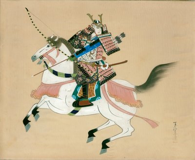 Guerrero Samurai montando un caballo. Una pintura japonesa en seda, en un estilo japonés tradicional de Unbekannt