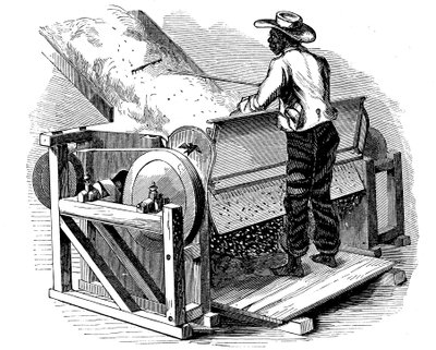 Desmotadora de algodón operada por un trabajador negro descalzo, sur de EE.UU., 1865 de Unbekannt