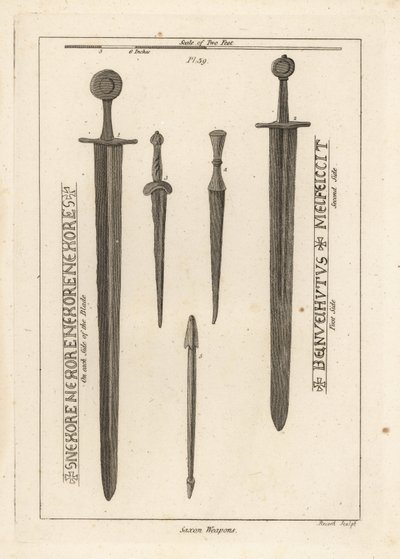 Armas sajonas: espada de hierro antigua 1,2, y dagas y puñales 3,4 encontrados en el río Wytham, Lincolnshire, y un virote de ballesta encontrado en el campamento en Danbury, Essex 5 de Unbekannt