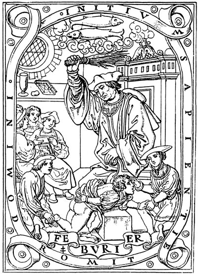 Escolar recibiendo conocimiento a golpes con la vara, 1526 de Unbekannt