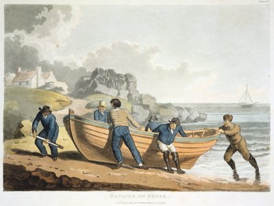 Marineros arrastrando un bote clinker-built a la orilla, 1821 de Unbekannt