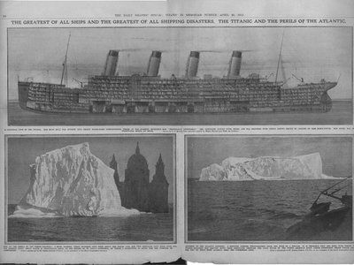 Diagrama seccional del Titanic y icebergs, 20 de abril de 1912 de Unbekannt