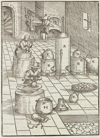 Separación de minerales de oro y mercurio - Grabado extraído de Descripción de los minerales y los principales métodos de explotación minera, de Lazarus Ecker de Unbekannt