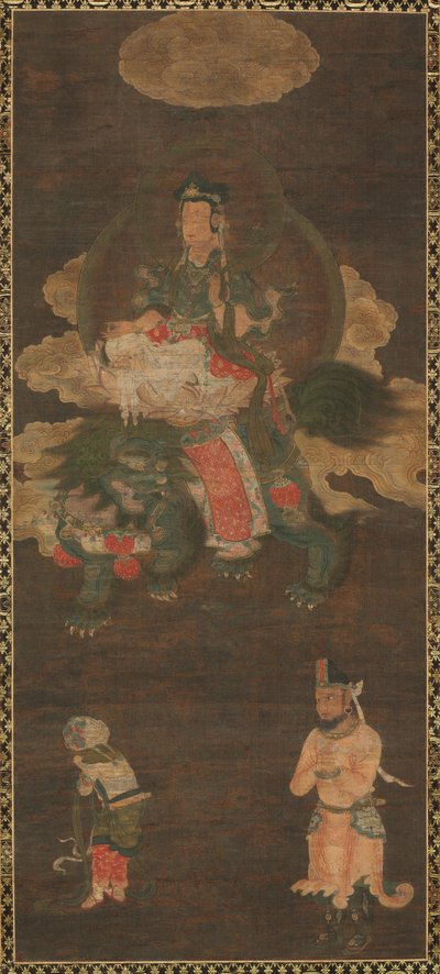 Tríada de Shakyamuni: Buda Acompañado por Manjushri y Samantabhadra Bodhisattva con León, finales de 1300s de Unbekannt