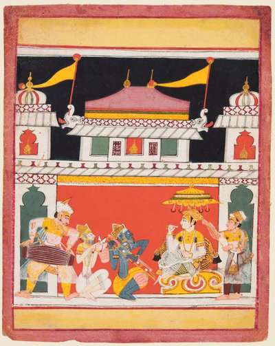 Shri Raga, de una serie de Ragamala, Tres músicos actúan ante un noble, c. 1650 de Unbekannt