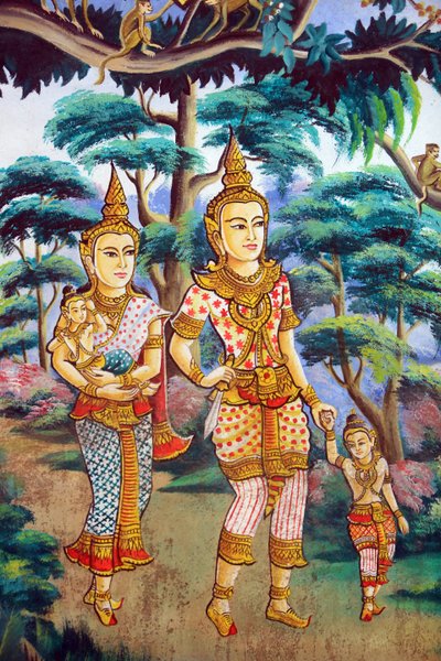 Siddhartha Gautama, su esposa Yashodhara y su hijo Rahula. Pintura que representa la historia de la vida de Buda Shakyamuni. Wat Naxai. Vientián. Laos de Unbekannt